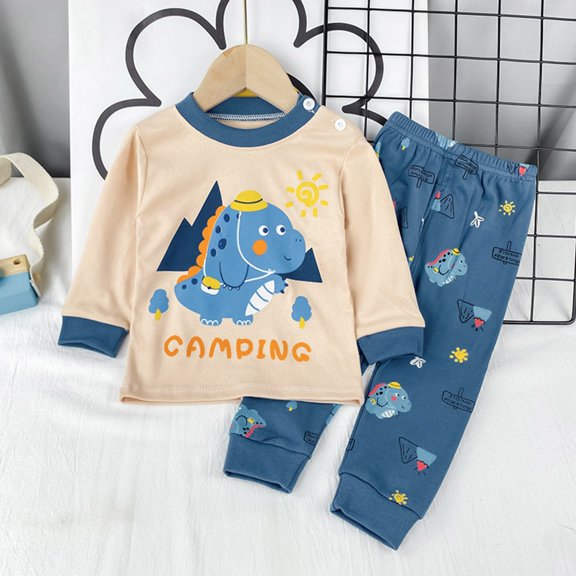 Angala 2 Piece Outfit For Infant Boys Cartoon Dinosaur Print Long Sleeve Crew Neck Sleepwear Pants Set Boy Fall Casual Wear