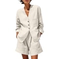 thumbnail image 2 of BRELIL Women Two Piece Sets Summer Casual V Neck Long Sleeve Blazer with Shorts Matching Outfits Solid Boho Loose Vacation Travel Lounge Wear, White XL, 2 of 7