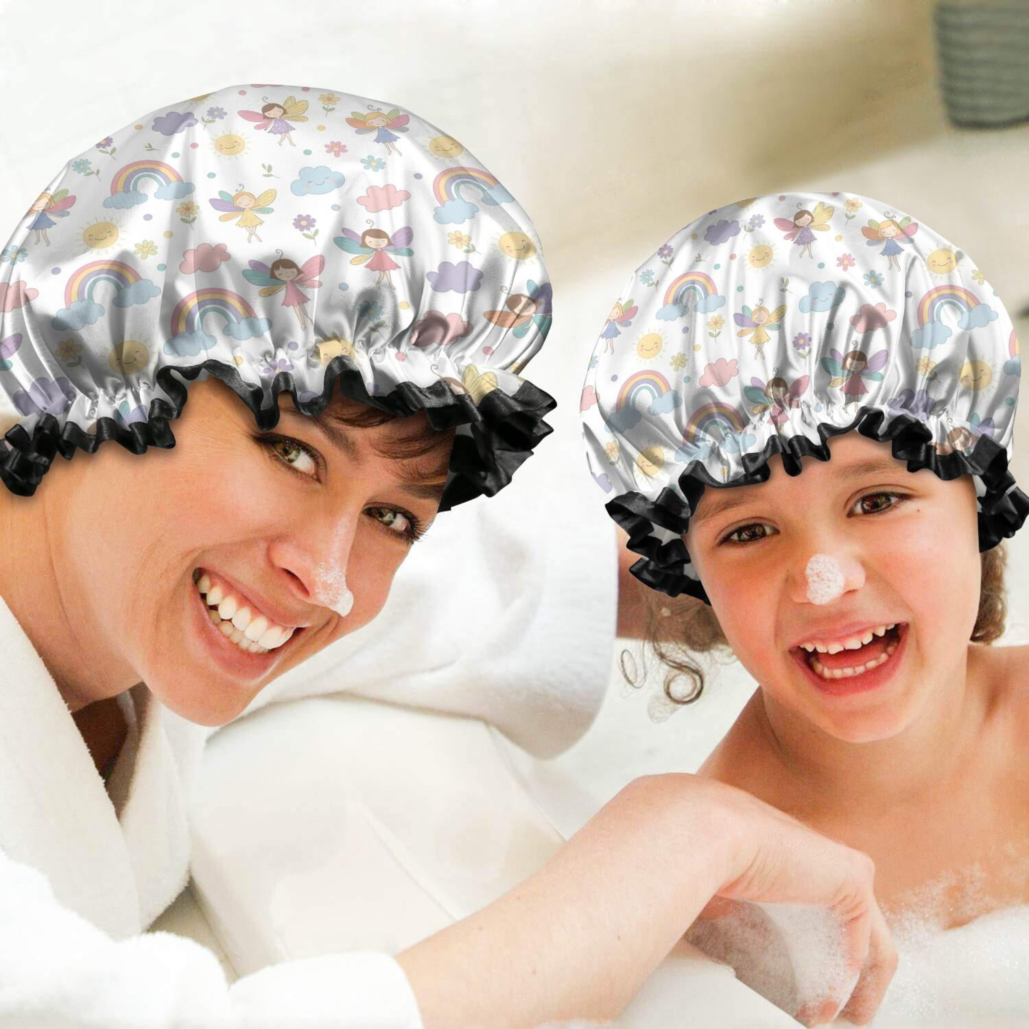 Shower Caps,Pastel Fairy Rainbow Pattern Waterproof Shower Cap for Women 4 Pieces,Double Reusable Hair Cover for Shower PEVA Elastic Stretch Hem