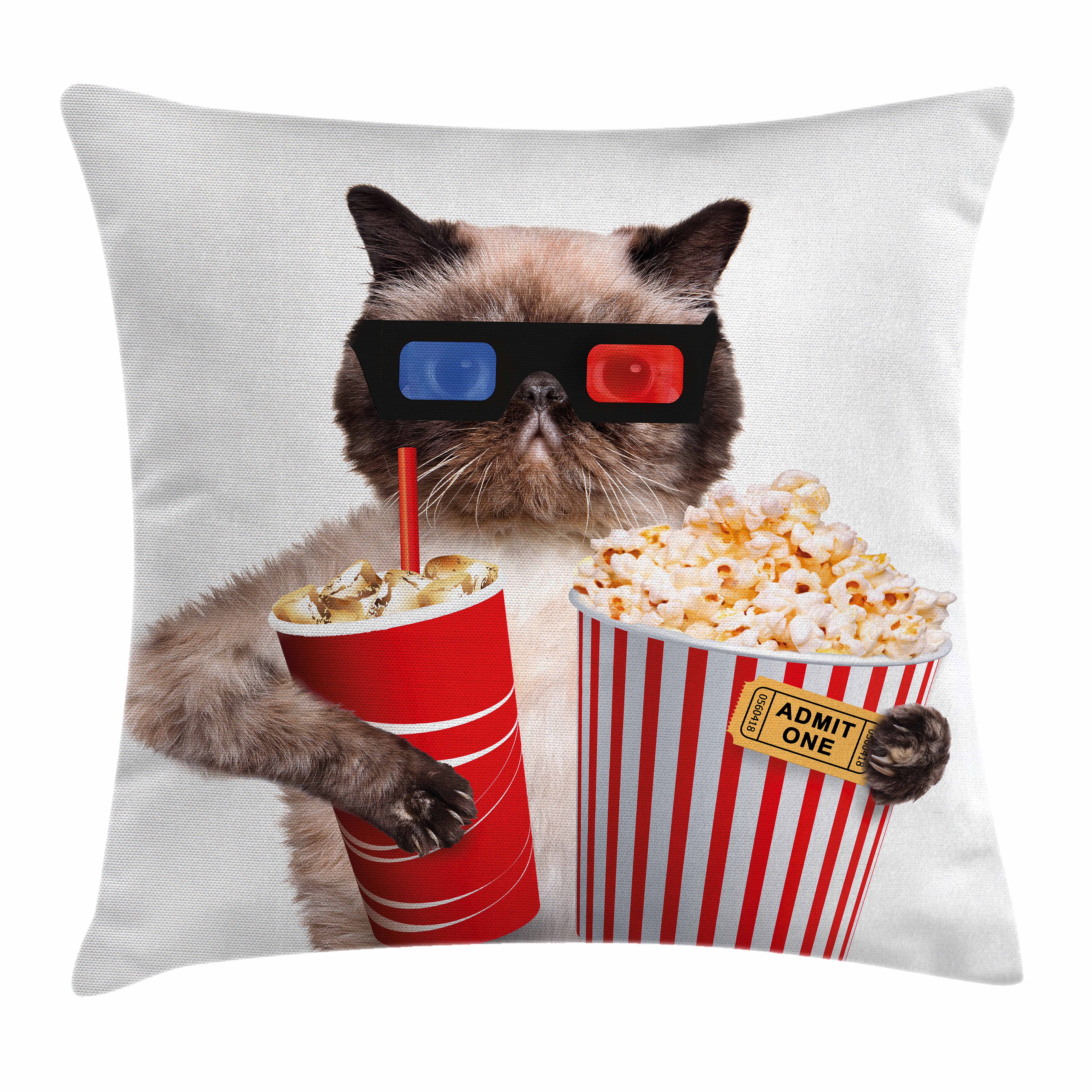 Movie Theater Decor Throw Pillow Cushion Cover, Cat with Popcorn and
