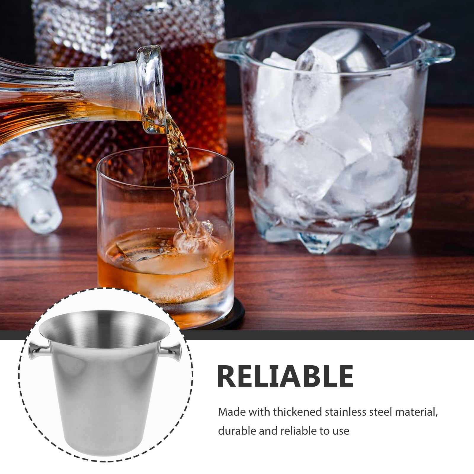 HOMEMAXS  Ice Cube Bucket for Cocktail Bar Sturdy Portable with Scoop Wine Silver