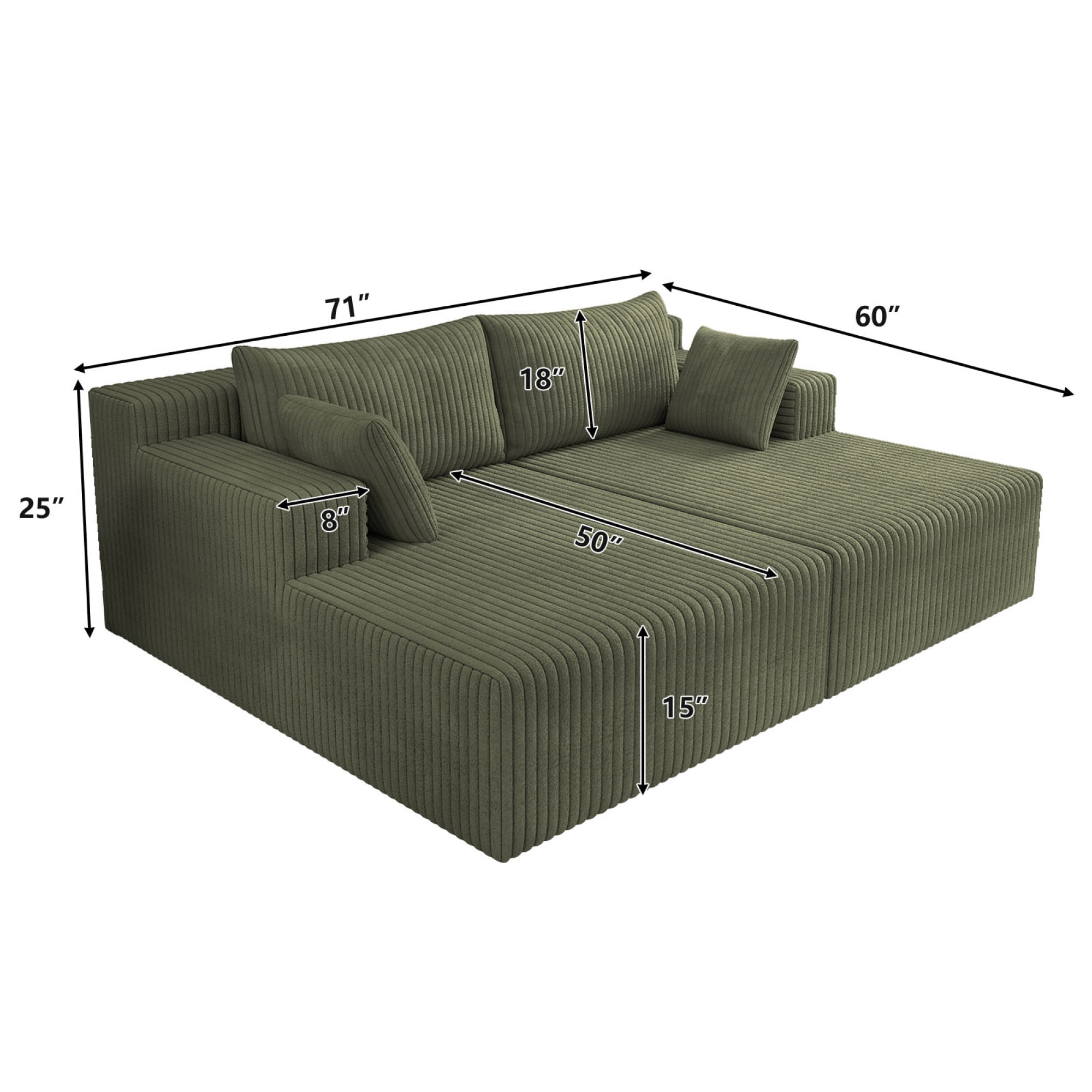 HOQBN 71" Oversized Double Chaise Lounges Indoor,Upholstered Corduroy Boneless Couch with 4 Pillows,Reading Lazy Cloud Plush Sofa Bed for Living Room, Bedroom,No Assembly,Antique Green