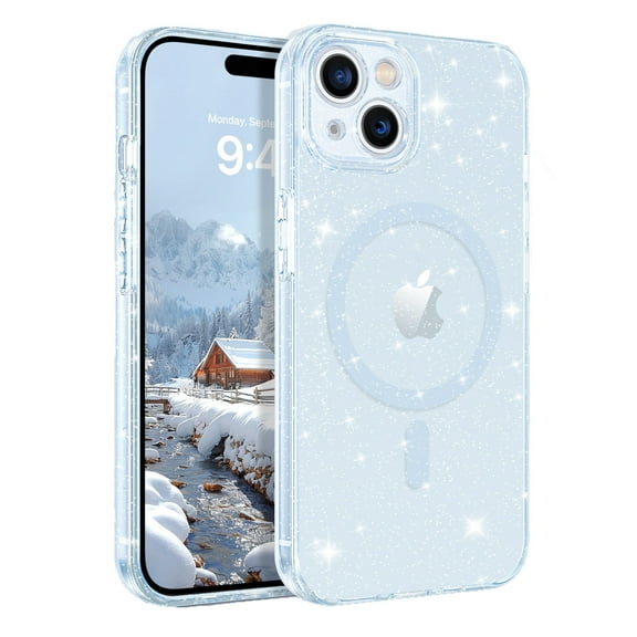 VENINGO Magnetic for iPhone 15 Case Clear Glitter, Compatible with Mag-safe, TPU Transparent Shockproof Slim Bling Sparkly Bumper Cover Phone Case for Women Girls, Blue