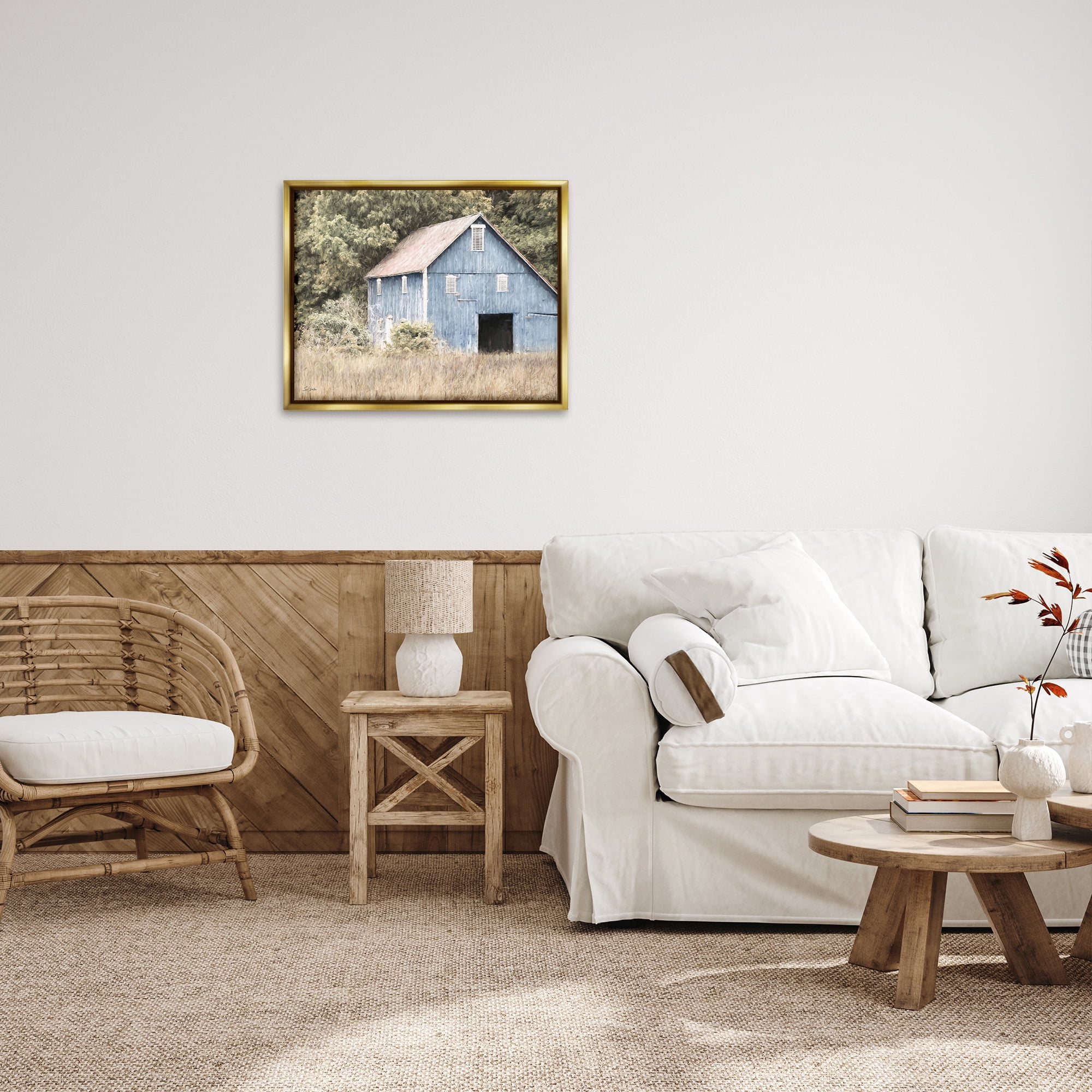 Stupell Industries Rustic Blue Barn Landscape Painting Gold Floater Framed Canvas Art Print Wall Art, 31 x 25