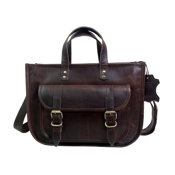 Madosh Genuine Leather Laptop Bag for Women – 15 Inch Tote & Briefcase with Shoulder Strap, Work Office Handbag, Messenger Laptop Bag– Brown