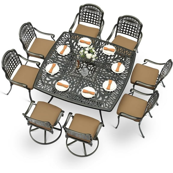 MEETWARM 9-Piece Outdoor Patio Dining Set for 8, All Weather Cast Aluminum Patio Funiture Table and Chairs Set- Large 64" Square Table and 2 Swivel Rocker Chairs, 6 Stationary for Garden, Khaki