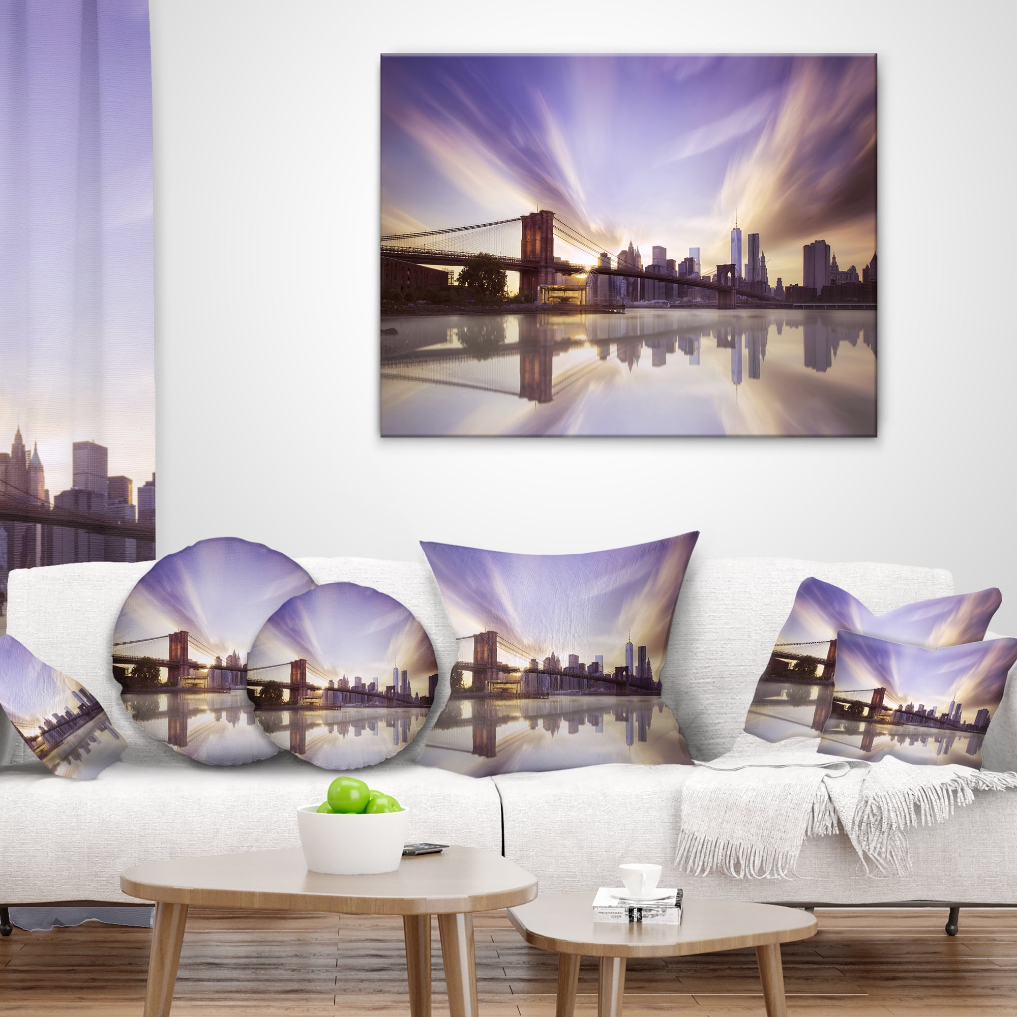 Designart Purple Sky Over Brooklyn Bridge - Cityscape Photo Throw Pillow - 12x20