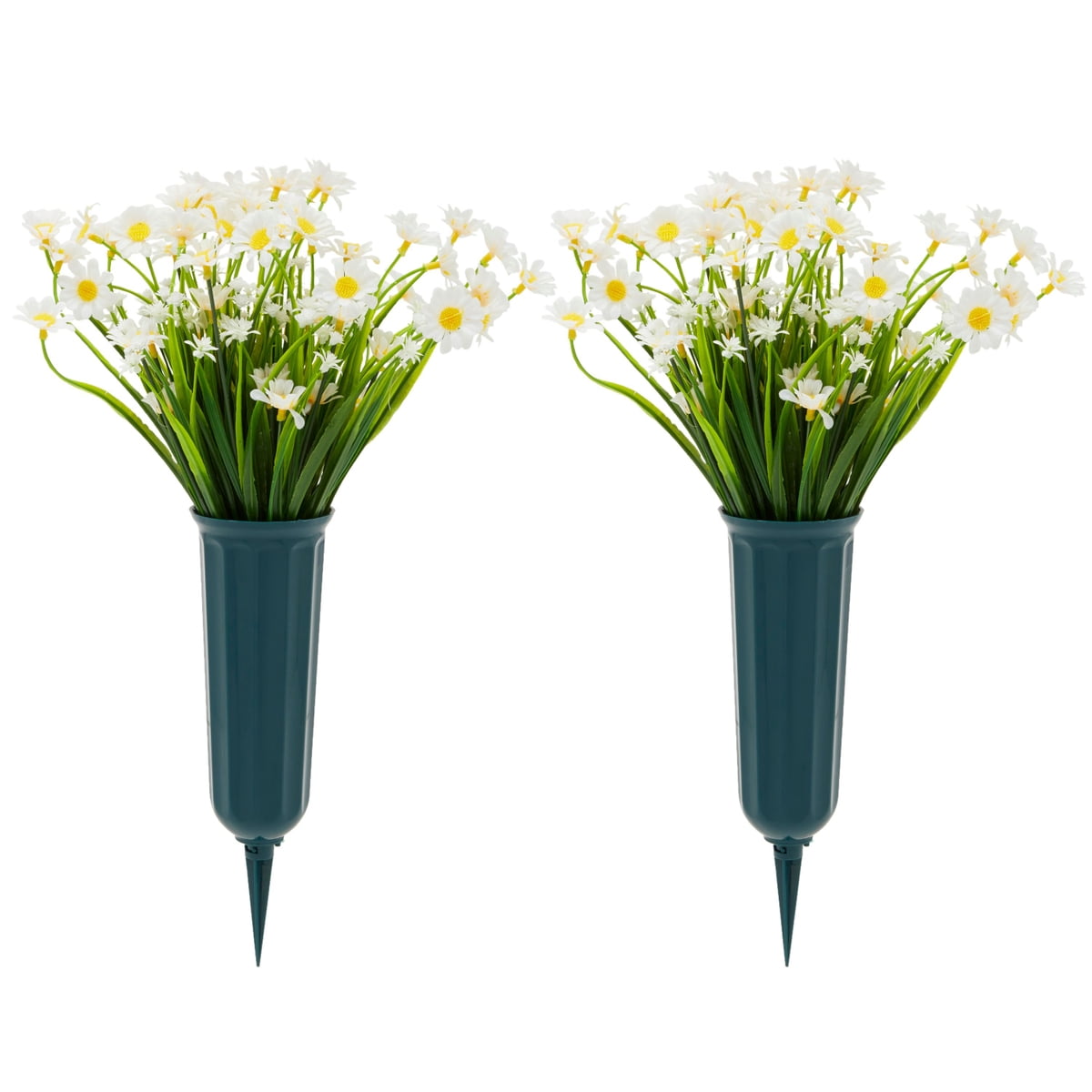 6 Pack White Artificial Faux Daisy Flowers, Fake Daisy Flower with 2 Cemetery Vases with Stakes for Garden Outdoor Decor, 8.6 x 13 in
