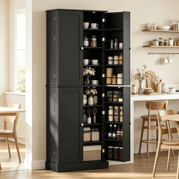 65" Kitchen Pantry Cabinet, 4-Door with 16 Shelves, Black