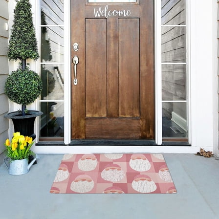 Christmas Santa Faces Pink Plaids Doormats Welcome Mats Gate Pads Entryway Outdoor 32" x 20"