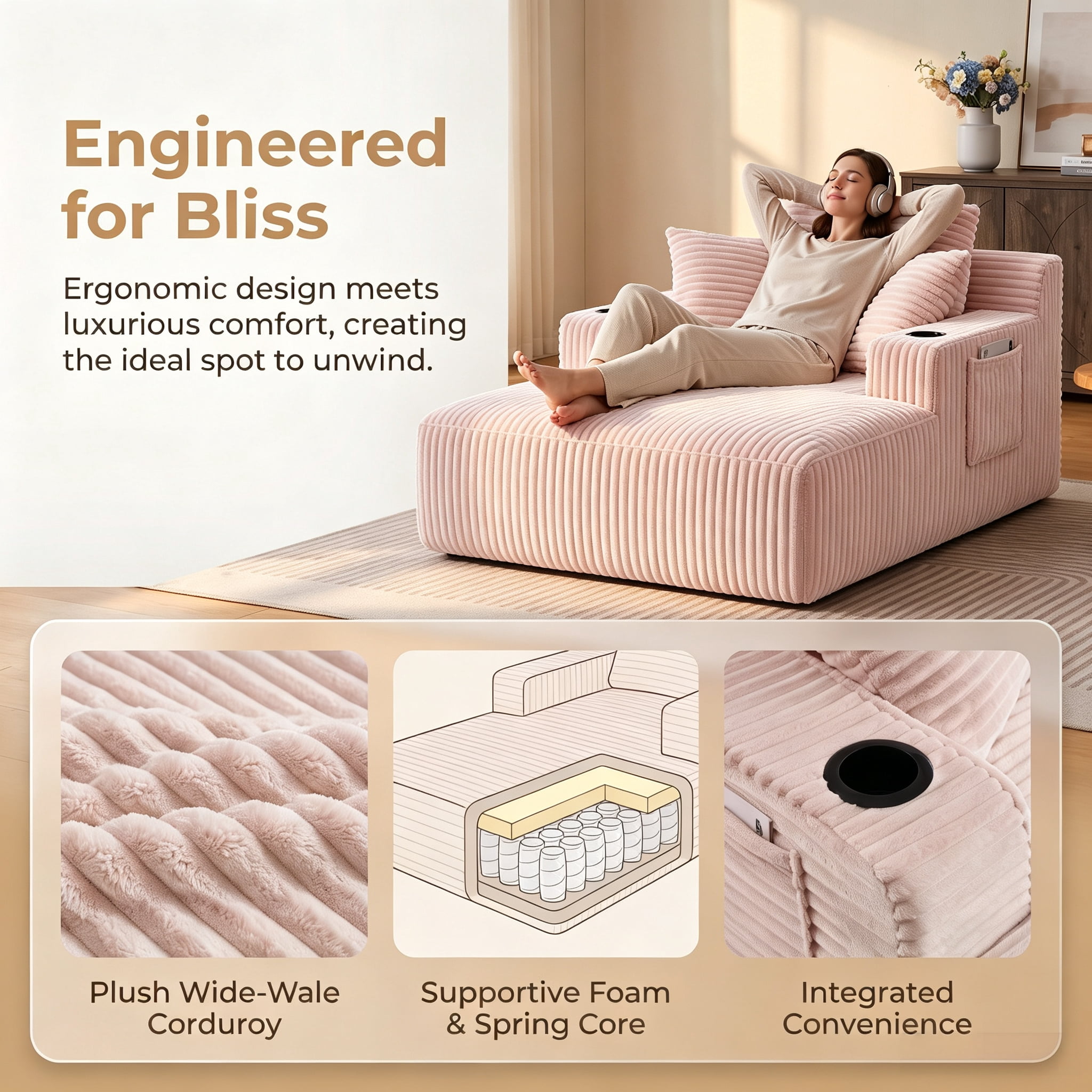 ShiKeyi 66'' Chaise Lounge Chair Indoor, Boneless Sofa Cloud, Plush Corduroy Chaise Couch with Cup Holders, Side Storage Pocket & Pillows, No Assembly Required, Pink