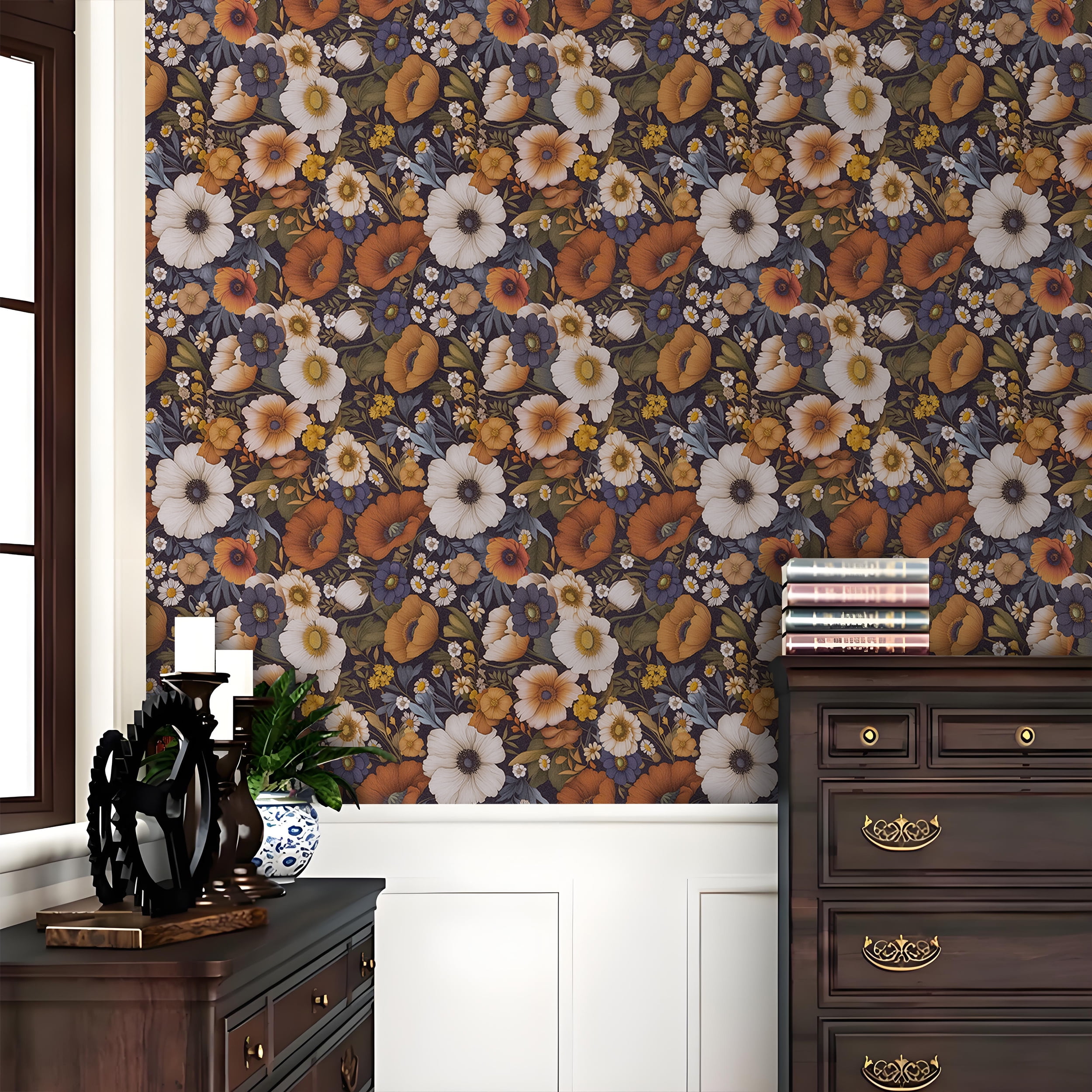 Abyssaly Floral Wallpaper Peel and Stick 17.32"×236" Floral Black Wallpaper Vintage Plant Watercolor Self Adhesive Textured Wall Paper Contact Paper Home Decor Wall Covering Old Furniture Renovation