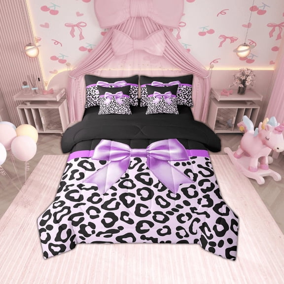 Erosebridal Princess Bowknot Bedding Sets Twin Size, Purple Cheetah Print Bed Set, Reversible 7pcs