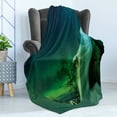 thumbnail image 4 of Aurora Borealis Soft Flannel Fleece Blanket, Wooden Roof House Winter Icy Arctic View Cold Climates Air Image, Cozy Plush for Indoor and Outdoor Use, 50" x 60", Dark Blue Jade Green, by Ambesonne, 4 of 5