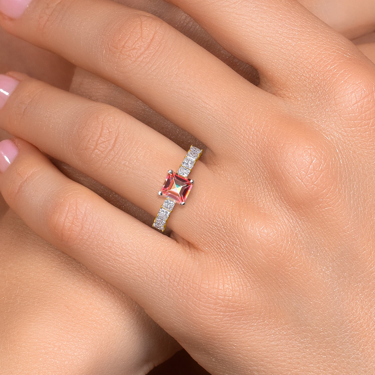 Gem Stone King 14K White And Yellow Gold Ecstasy Mystic Topaz and Lab Grown Diamond Engagement Ring for Women | 2.16 Cttw | Princess 6MM | Gemstone November Birthstone | Size 9