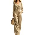thumbnail image 2 of WULMLEO Linen 2 Piece Sets Women Boho Wrap Cross V Neck Long Sleeve Top Wide Leg Pants Set Casual Basic Outfits Fall Stretch Suits with Pockets Khaki L, 2 of 8