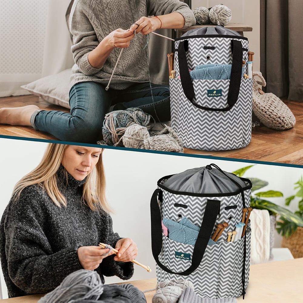 PAVILIA Knitting Bag Crochet Organizer Bag, Yarn Storage Tote, Knitting Accessories Supplies, Yarn Holder For Knitting With Grommets, Needles Hooks Essentials, Crochet Project Case (Chevron Gray)