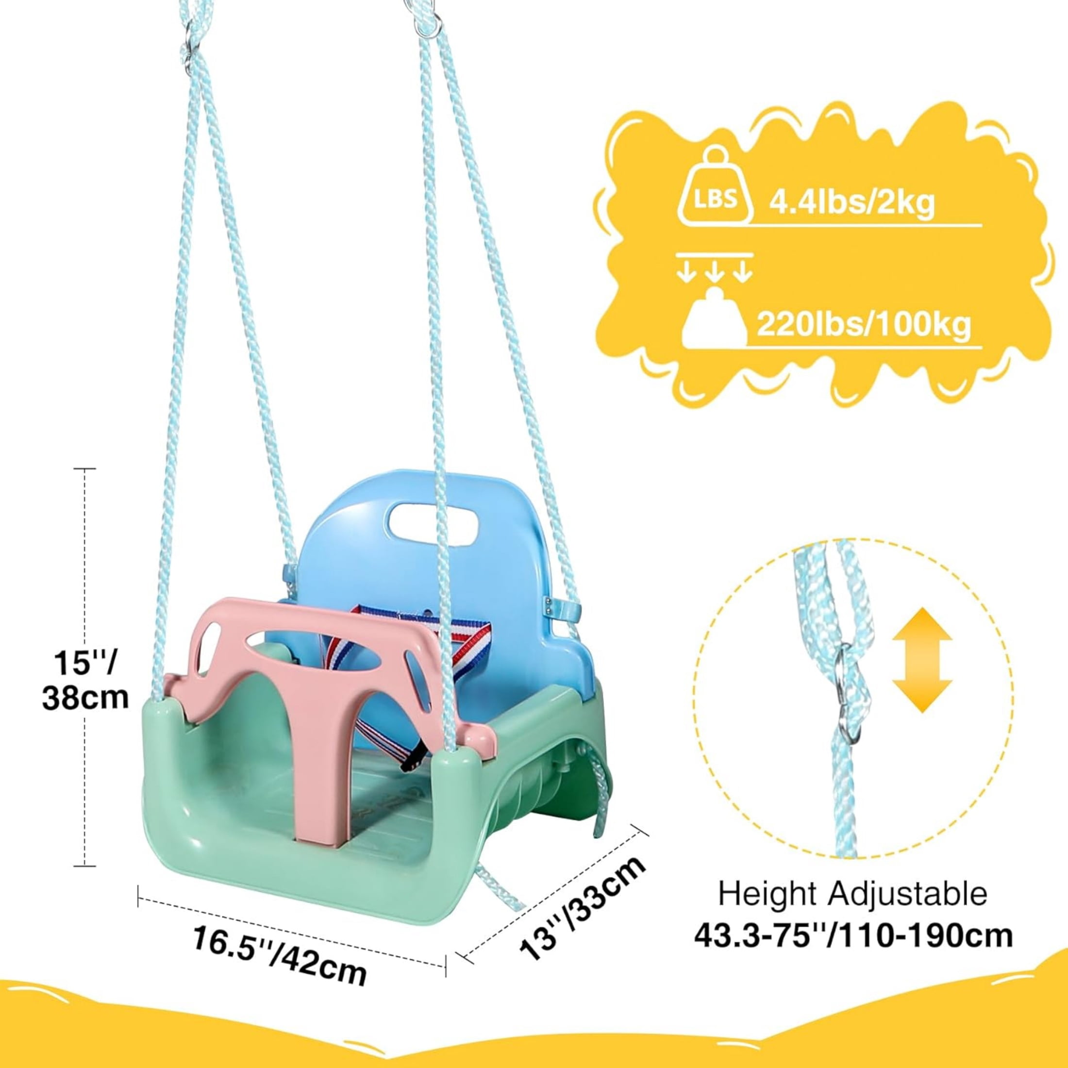 REDCAMP 3 in 1 Toddler Swing for Outside Tree, Sturdy Secure Plastic Outdoor Infants Baby Swings Seat for Swingset Playground Inside, Blue Green Pink