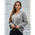 thumbnail image 4 of Female Long Sleeve V Neck Pullover Sweater Oversized Chunky Knitted Loose Jumper Sweaters Grey L, 4 of 8