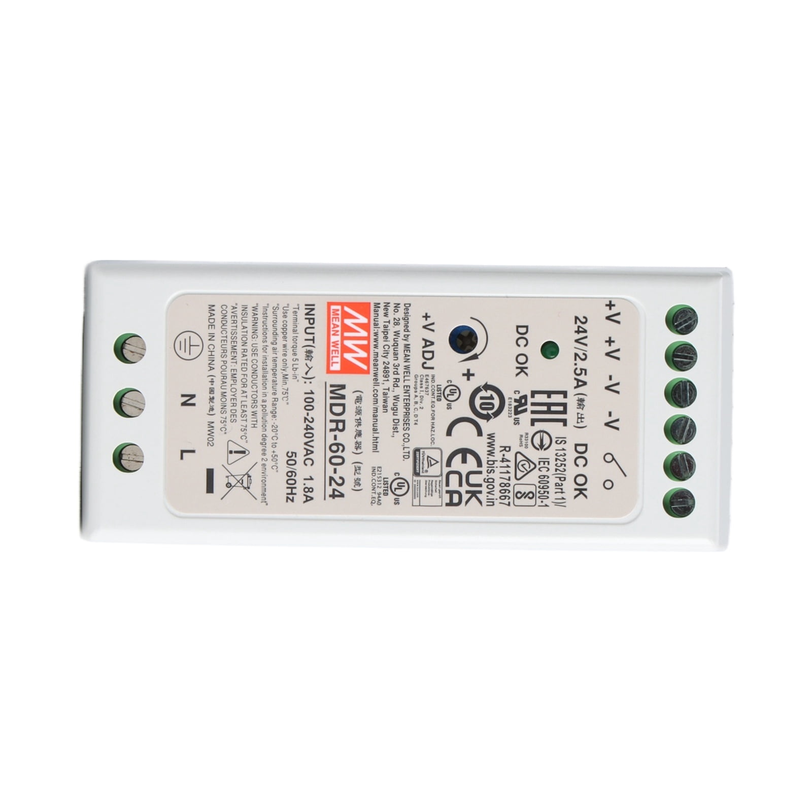 Feedannce 24V 2.5A 60W Industrial DIN Rail Power Supply, Control Systems, MEAN WELL MDR-60-24