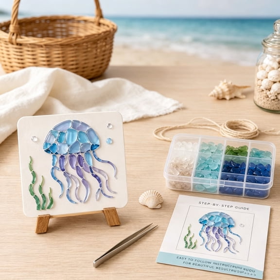 Mivyn DIY Sea Glass Art Kit, Beach Glass Craft Set with Colorful Tiles, Ocean-Inspired Artwork with Colorful Glass Pieces, Coastal Home Decor & Creative Handmade Gift, Jellyfish