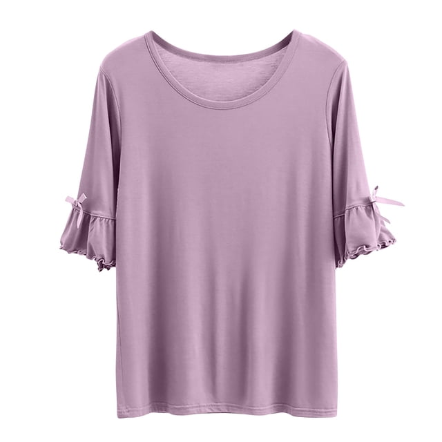AherBiu Pajamas Tops for Women Oversized Ruffle 1/2 Sleeve Basic Layer Top Tees Shirts Comfy Soft Undershirts