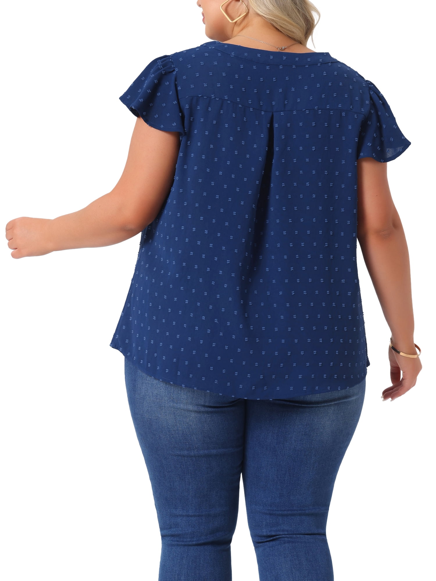 DARING DIVA Women's Plus Swiss Dots Notched Neck Ruffle Sleeve Top 4X Dark Blue