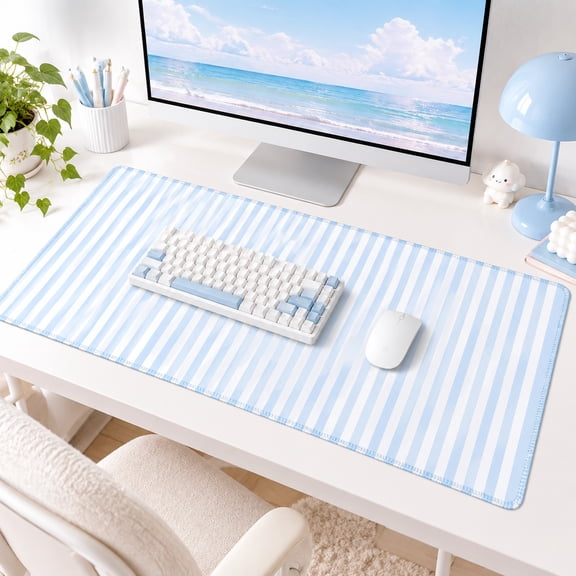 Blue Striped Desk Mat, Gaming Mouse Pad with Pastel Design