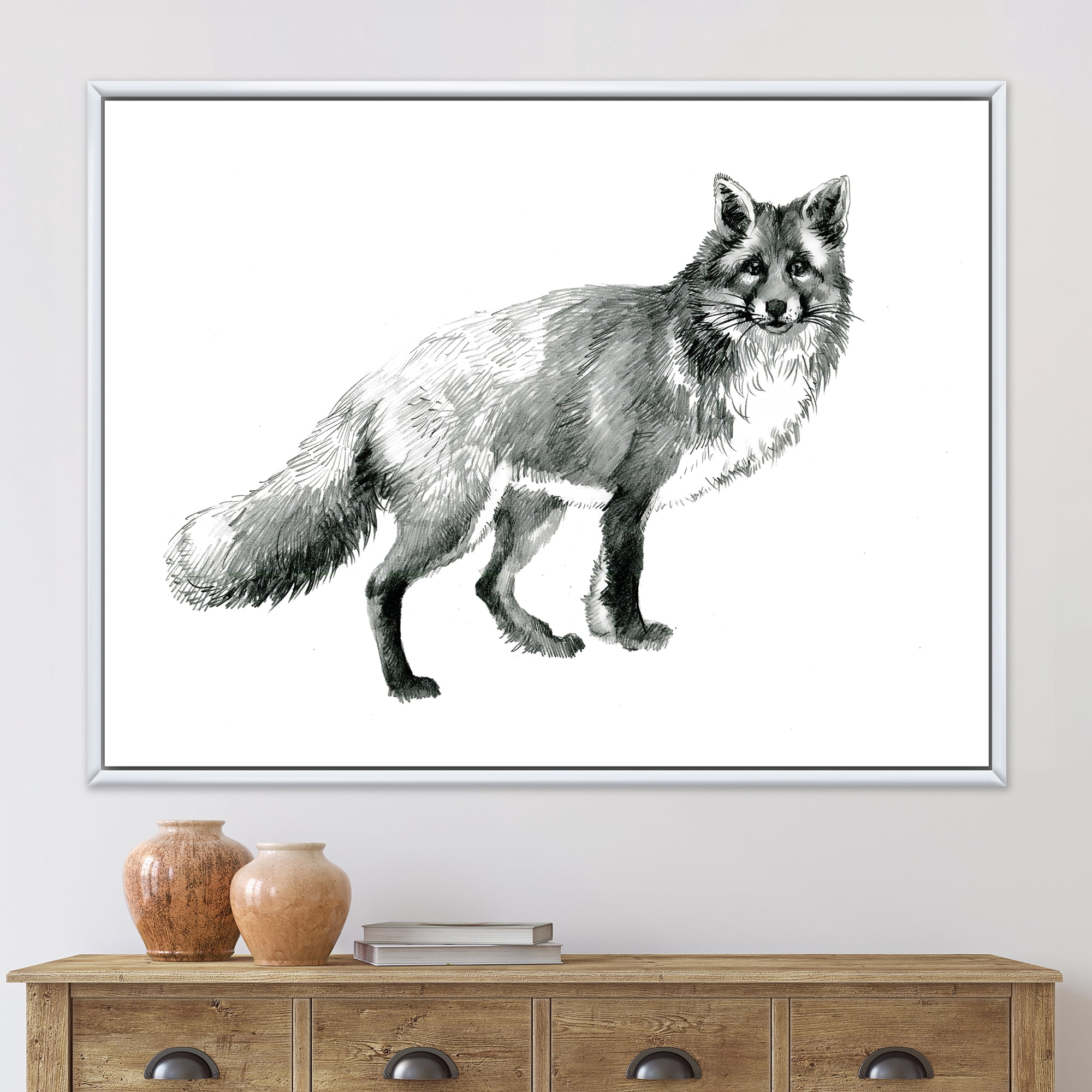 Designart 'Black and White Portrait Fox' Farmhouse Framed Canvas Wall Art Print
