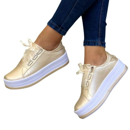 Herrnalise Women Fashion Shoes Round Toe Thick Heels Lace-up Casual Lightweight Spring Casual Sneakers Girls Shoes
