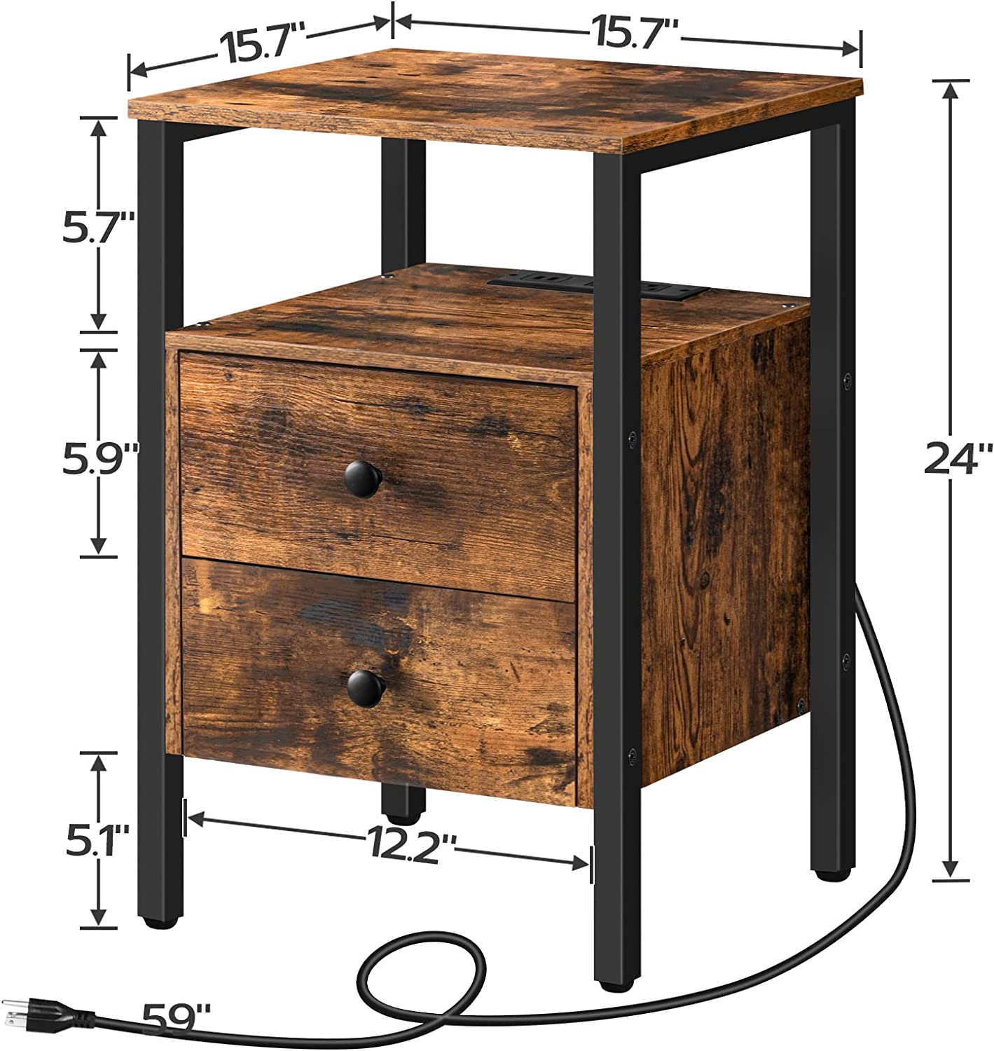 HOOBRO Nightstands Set of 2 with 2- Drawer and Charging Station Living Room Bedroom Brown BF431BZP201