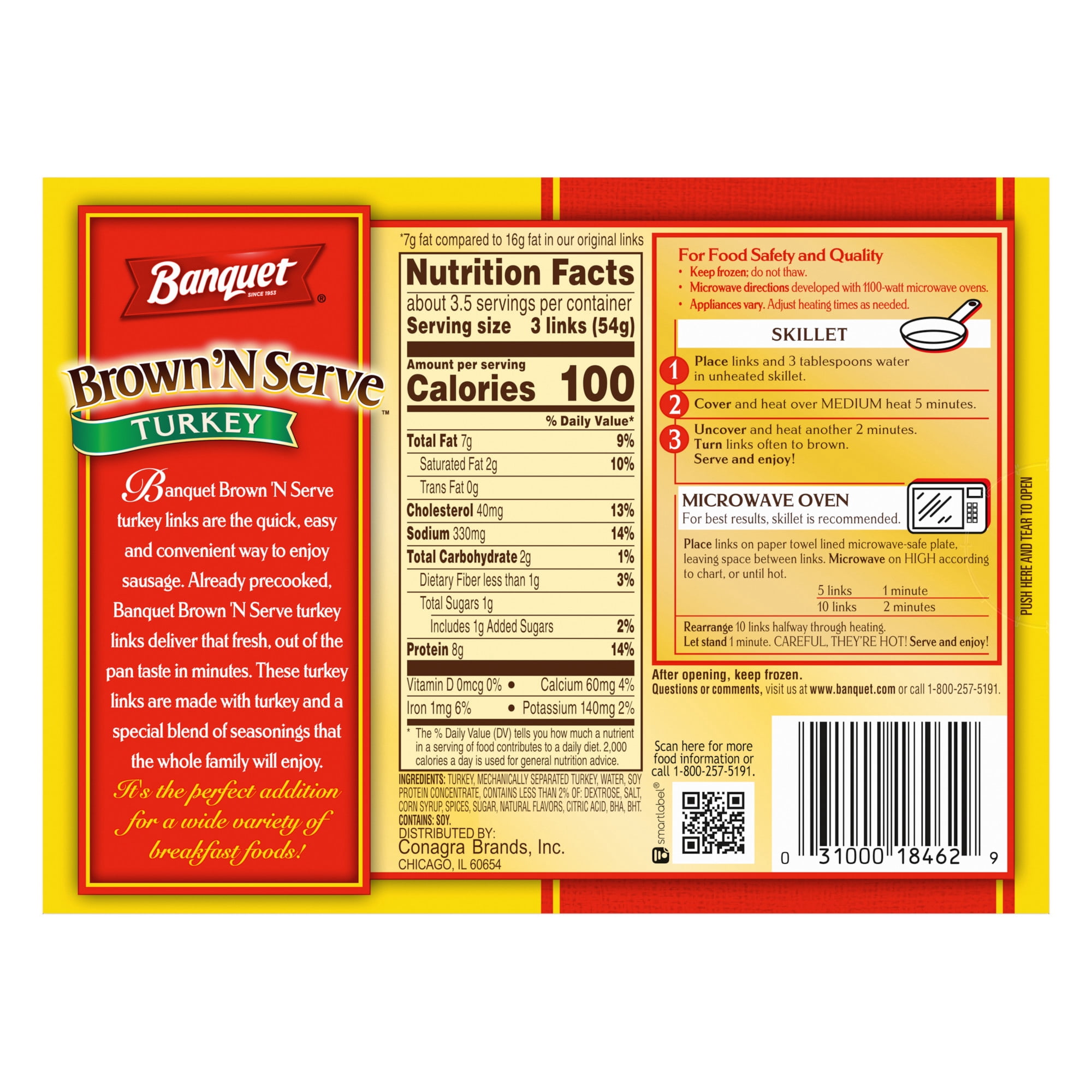 Banquet Brown 'N Serve Turkey Sausage Links, 8g Protein per Serving, Frozen Breakfast Sausage, 6.4 oz.