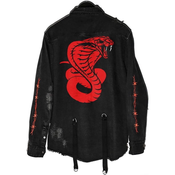 chamarra de mezclilla desgastada con estampado de calavera/cobra para hombre Negro/Cobra CH Negro/Cobra CH Xishao ropa