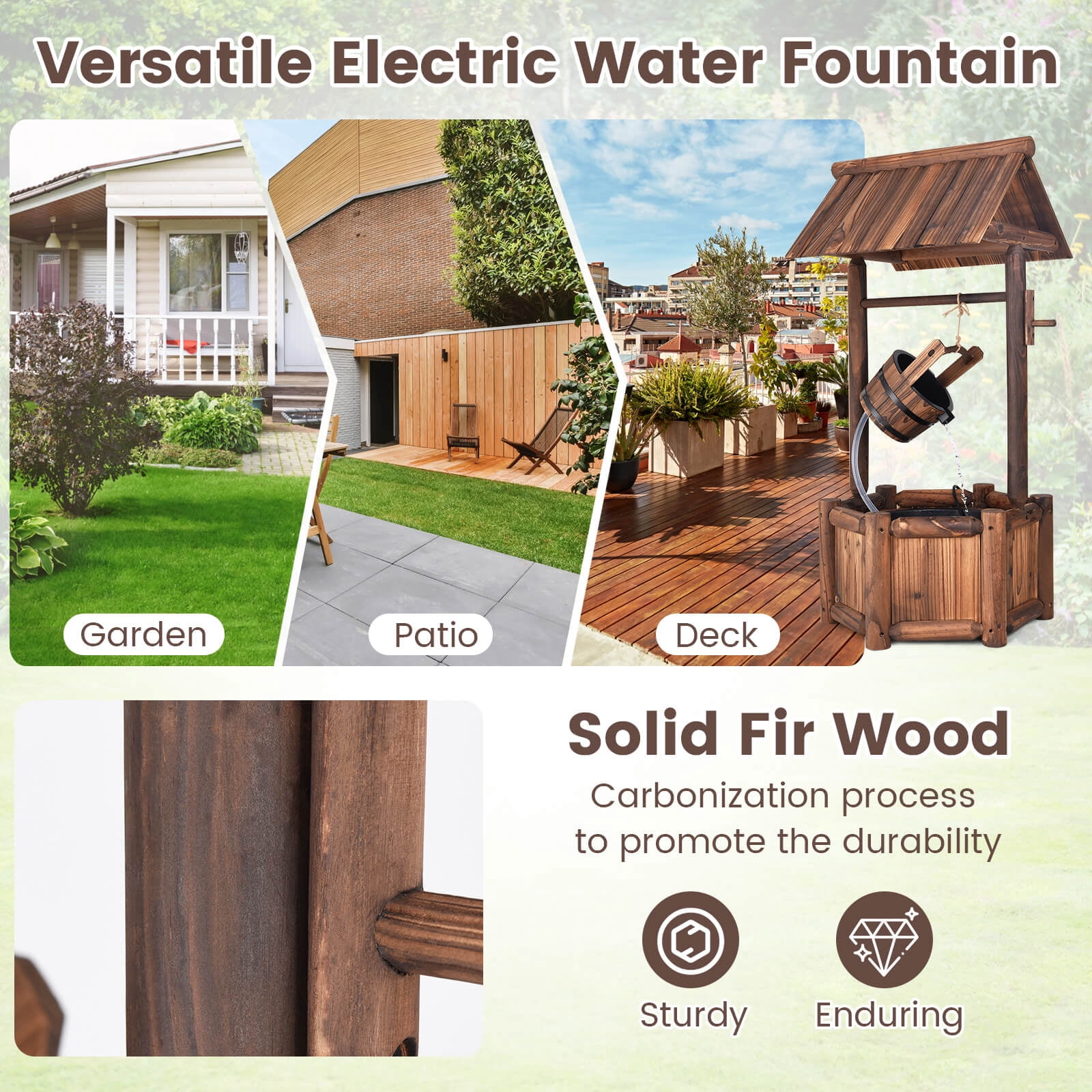 Costway Garden Rustic Wishing Well Water Fountain Wooden Outdoor Electric Backyard Pump