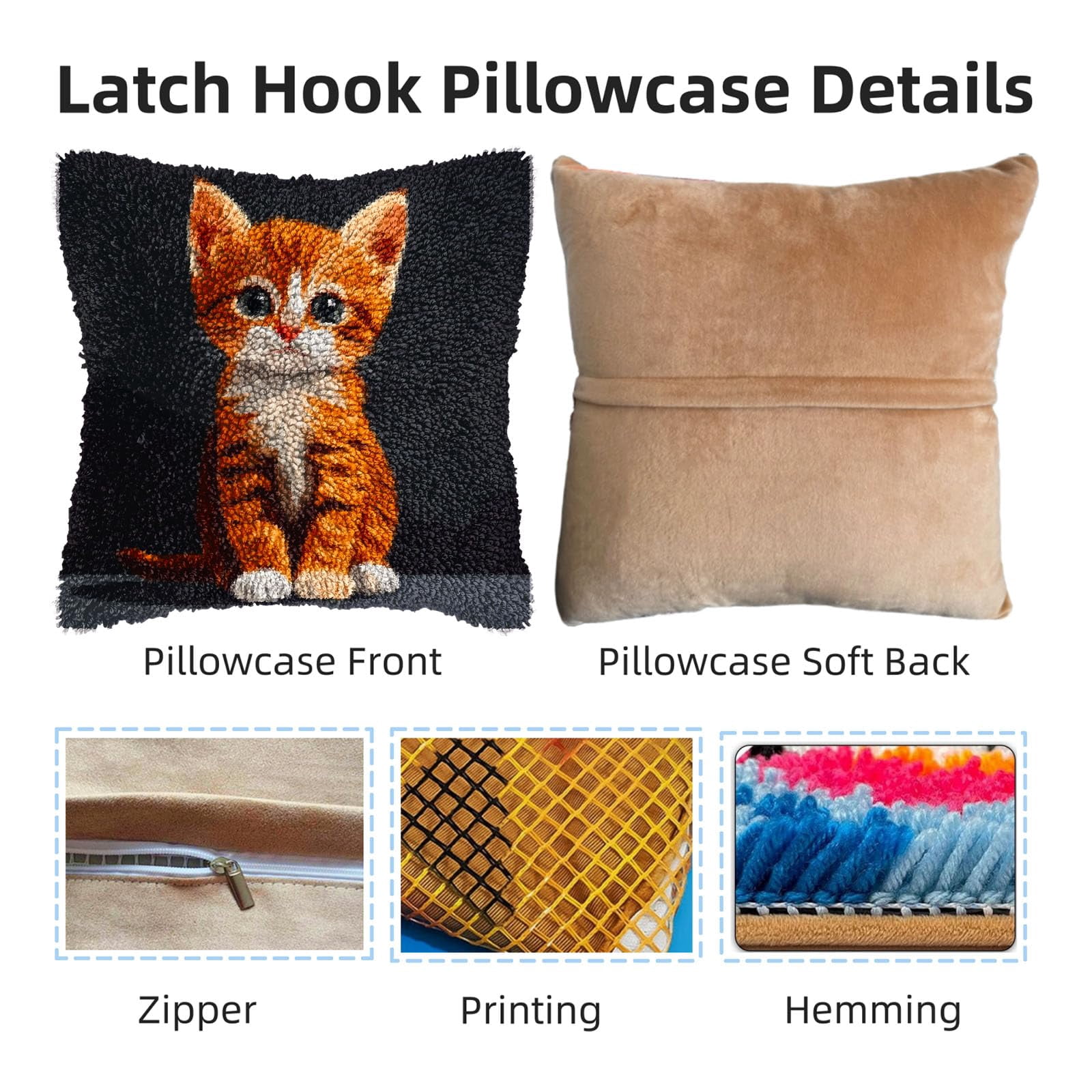 DIY Latch Hook Pillow Kits Cute Cat Body Portrait Printed Pillowcase Crochet Yarns Hooking Handmade Pillow Cover Cushion for Home Sofa Decoration 17x17inch-5