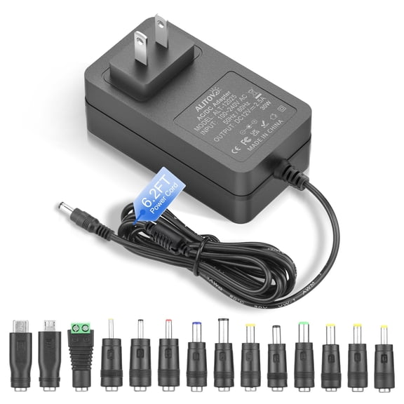 LujingZ 12V Power Supply 2.5A AC/DC Adapter 100~240V 50-60hz to DC 12 Volt Power Cord Transformer 2.5 Amp 2A 1.5A 6.2FT with 14 Tips Compatible with LED Light CCTV Security Camera PC Monitor Router D