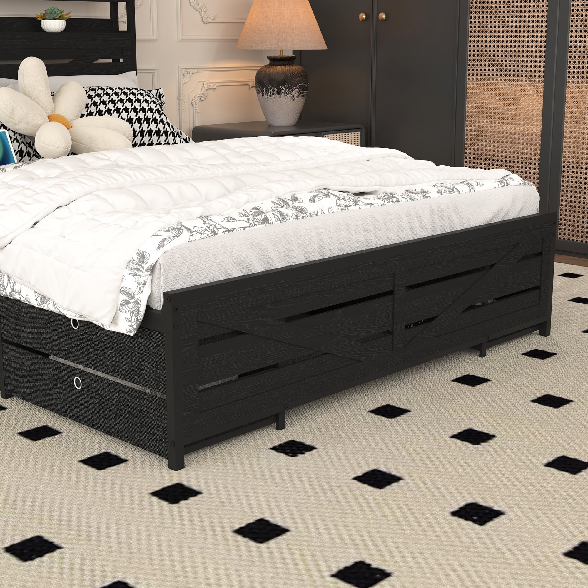 Miniyam Full Size Metal Bed Frame with Storage Drawers, Headboard with Charging Station & LED Lights, Noise-Free Platform Bed, Black