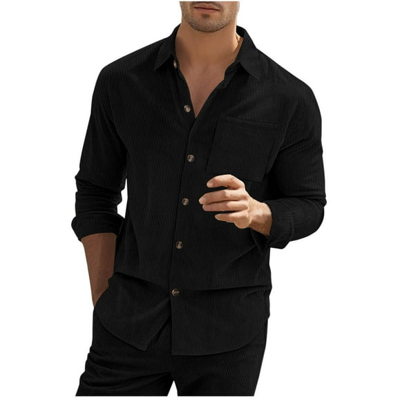 Goodeals Clearance Deals,Plain Corduroy Shirt Men Lightweight Long Sleeve Textured Jackets Casual Button Down Jacket Shacket(Black,XL)