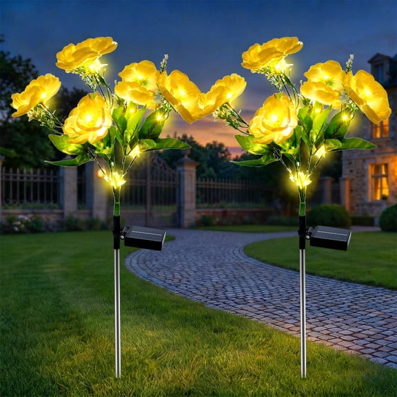 Rirool Solar Camellia Flower Garden Stake Lights, 7 Heads Outdoor Solar Lights Waterproof, Warm White Decorative Lights for Yard Lawn Patio Pathway, Yellow 2 Pack