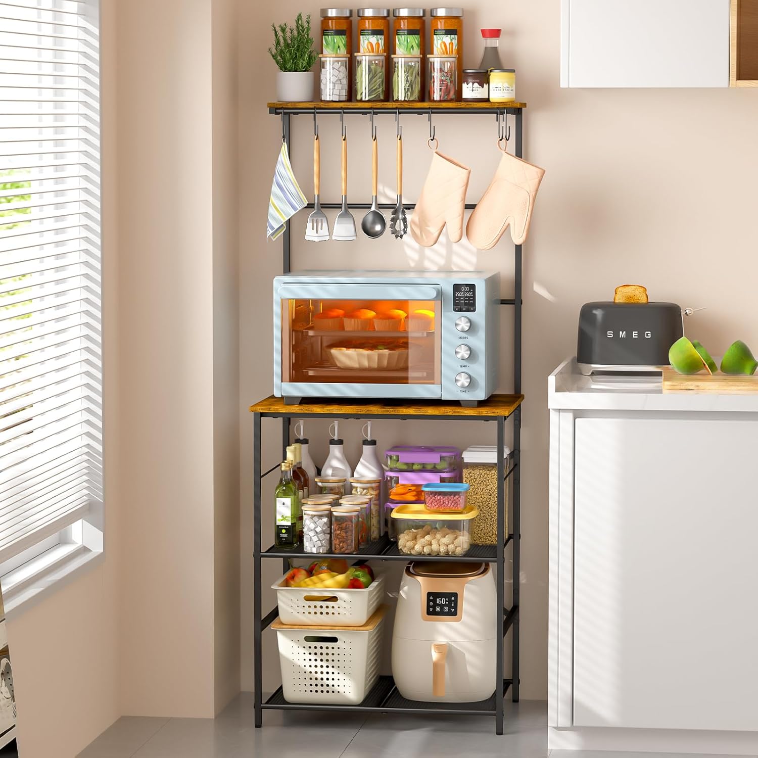 Kitchen Storage Cabinets Coffee Station Cabinet 4 Tier Coffee Bar Station,  Coffee Stand With 8 S-Shaped Hooks, Large Space Coffee Station Table  Farmhouse Shelf Bakers Rack Kitchen Living Room 24 41 W X, image size:1500x1500