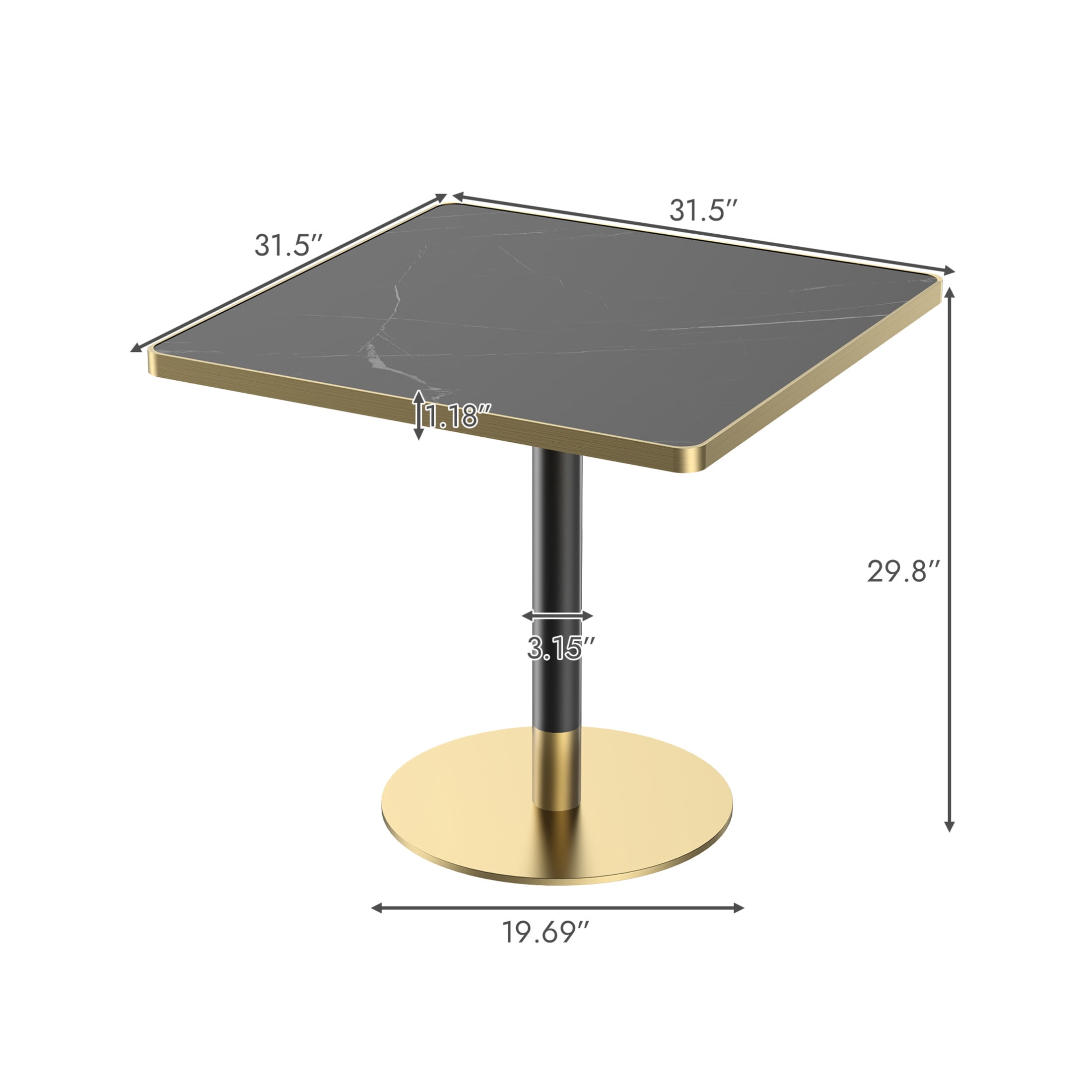 Noble House 31.5" Square Dining Table with Faux Marble Top, Luxury Bistro Table with Stainless Steel Legs, Black & Gold