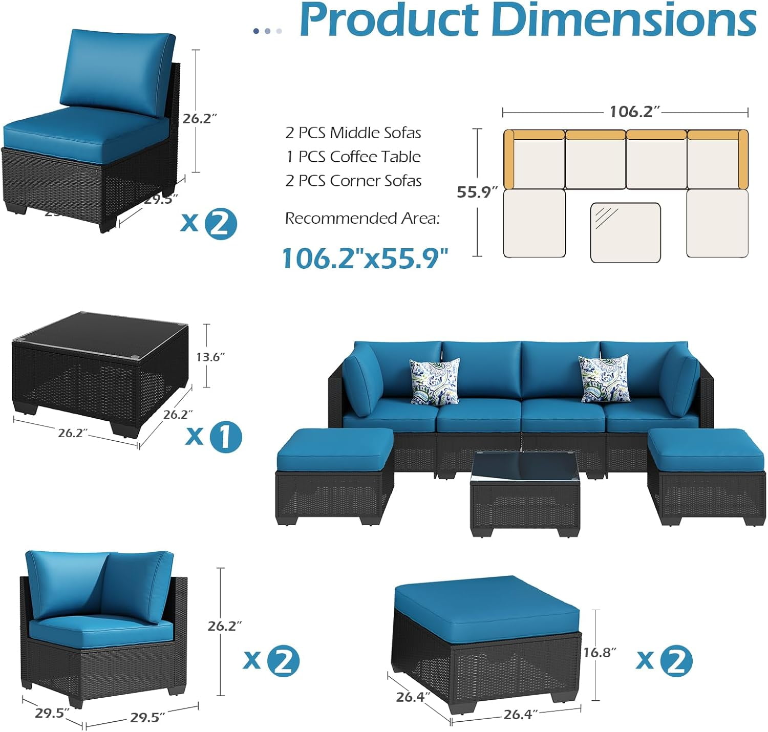 YODOLLA 7-Piece Patio Furniture w/ Protection Cover, Outdoor Sectional Sofa Couch w/ Coffee Table, Patio Conversation Set in Black Wicker& Blue Cushions