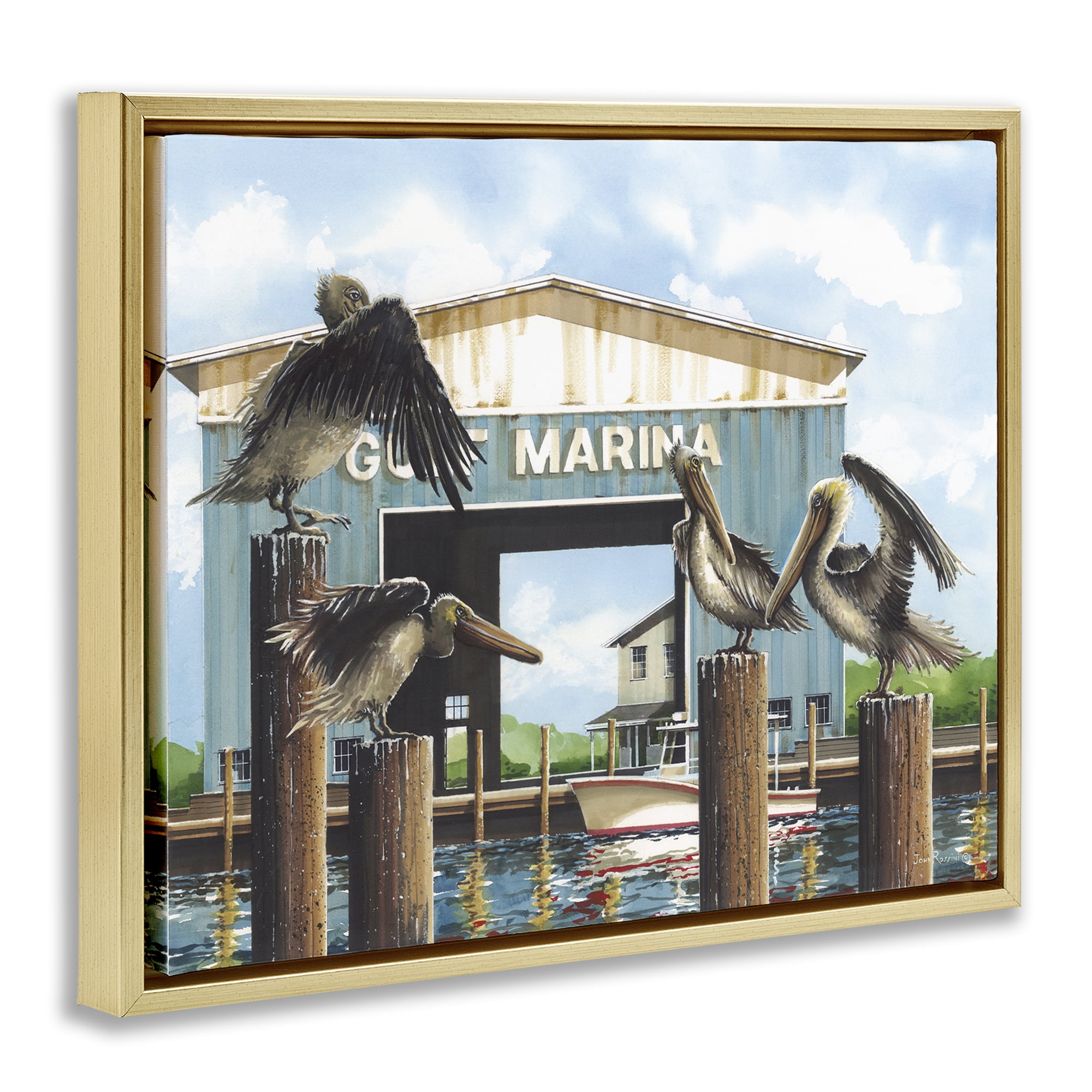 Stupell Industries Boat Marina Pelicans Nautical & Beach Painting Gold Floater Framed Canvas Art Print Wall Art, 31 x 25
