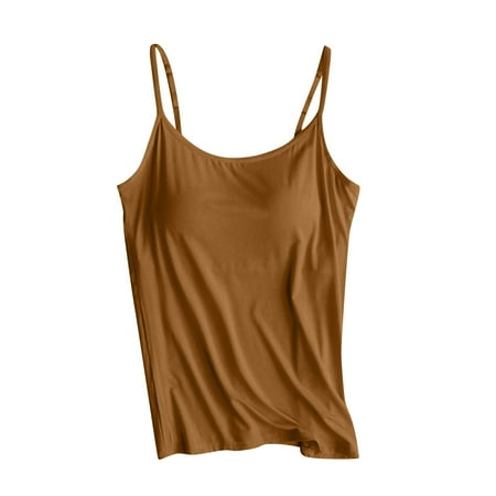 JGGSPWM Camisoles for Women with Built in Bra Flowy Shelf Bra Tank Tops Padded Cami with Adjustable Strap Summer Cool Comfy Vest Brown 6(M)