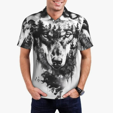 Uemuo Majestic Wolf Landscape for Men’s Golf Shirt – Premium Pique Cotton Polo Soft & Breathable Casual Short Sleeve Shirt Comfortable Activewear for Sports & Leisure-XX-Large