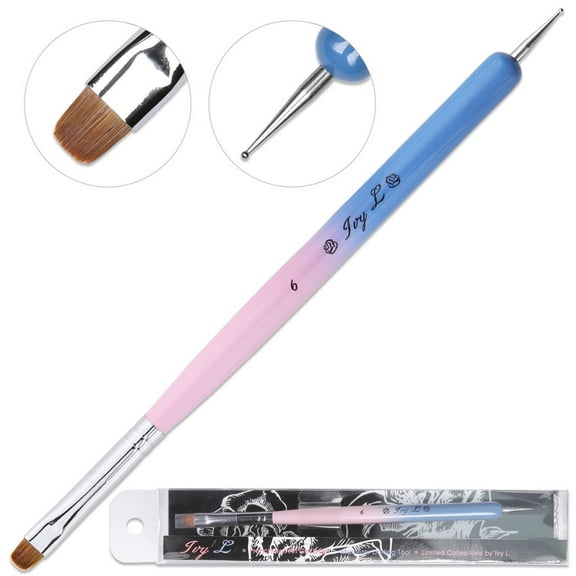 Ivy L Premium 2 Way Frech Manicure Gel Nail Brush and Dotting Tool - Pink Blue Wood Handle - Size 6