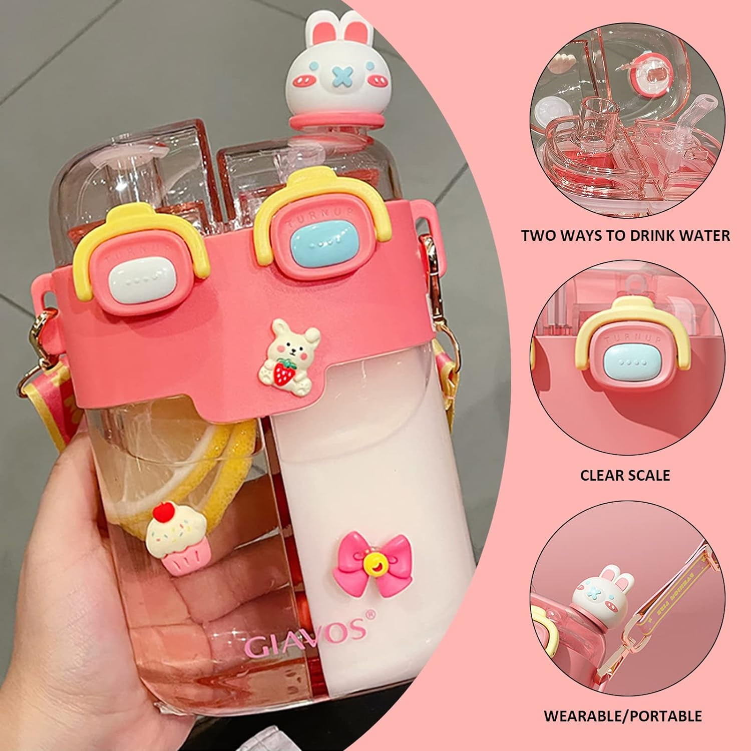 Kawaii Water Bottle Cute Water Bottles with Straw, Double Chamber