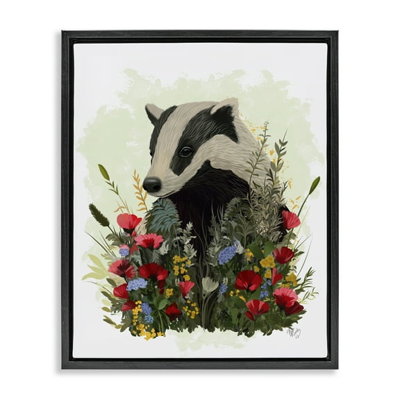 Stupell Industries Badger with Poppy Blossoms Animals & Insects Painting Black Floater Framed Canvas Art Print Wall Art, 17 x 21