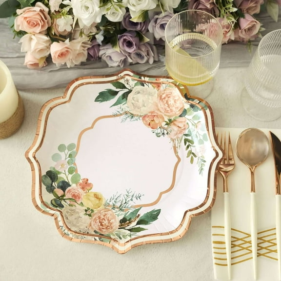 Efavormart 25 Pack | Floral 10" Scallop Rim Dinner Party Paper Plates, Disposable Plates - 300 GSM