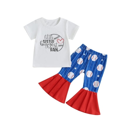

Wassery Toddle Girls Clothes Short Sleeve Crew Neck Letters Print T-shirt Tops + Baseball Print Flare Pants 2Pcs 6M 12M 18M 24M 3T 4T Baby Girl Summer Casual Outfit Sets